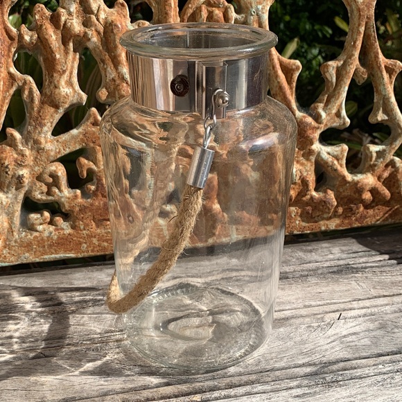 Other - Glass Lantern Vase with Rope Handle - Clear Glass